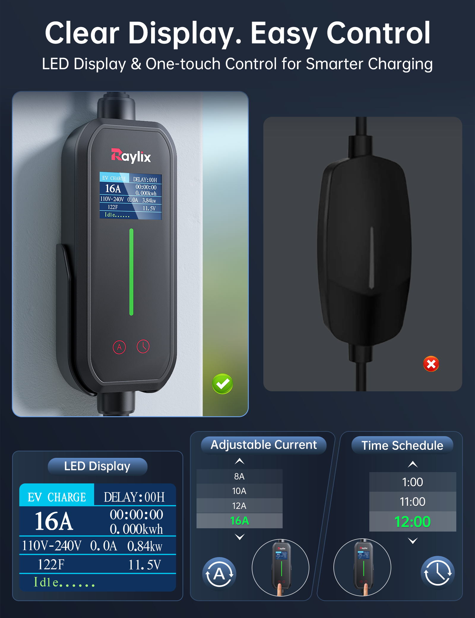 2025 Upgraded Level 1&2 Portable EV Charger, 16Amp Adjustable Current & Timer, 110V–240V, NEMA 5-15 & 6-20 Plugs, 21Ft EV Charging Cable, J1772 Electric Car Charger for All EVs/PHEVs, EV Charging Cord
